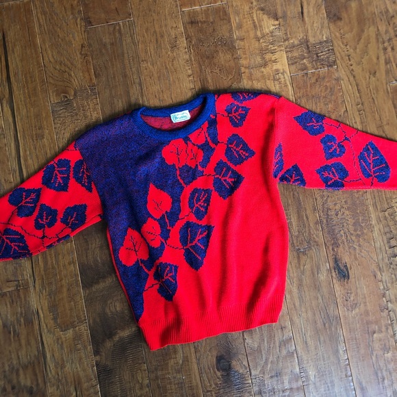VINTAGE 80s Blue Red Leaves Knit Sweater - Picture 8 of 13